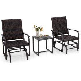 3 Piece Patio Gliding Set with Tempered Glass Coffee Table All Weather