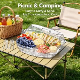 Clear Divided Cold Food Serving Platter, 3-Piece Tray Kit with Ice Tray, Lid, 3 Tongs and 10 Sporks for Fruits, Appetizers