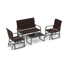 4 Piece Patio Gliding Set Wicker Swing Glider Furniture Set All Weather with Tempered Glass Coffee Table