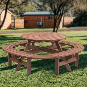 10-12-person Round Outdoor Wooden Picnic Table for Patio, Backyard, Garden, DIY with 1 Built-in Ring Stool, 500-lb Weight Capacity - Walnut Brown