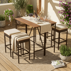 GO 5-Piece Outdoor Acacia Wood Bar Height Table And Four Stools With Cushions, Garden PE Rattan Wicker Dining Table, Foldable Tabletop