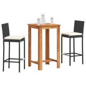 3 Piece Patio Bar Set Black Solid Wood Acacia and Poly Rattan (Color: Black)