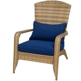 Patio Adirondack Chair With Rattan Wicker, Soft Cushions, Tall Curved Backrest For Deck Or Garden, Dark Blue (Option: Dark Blue)